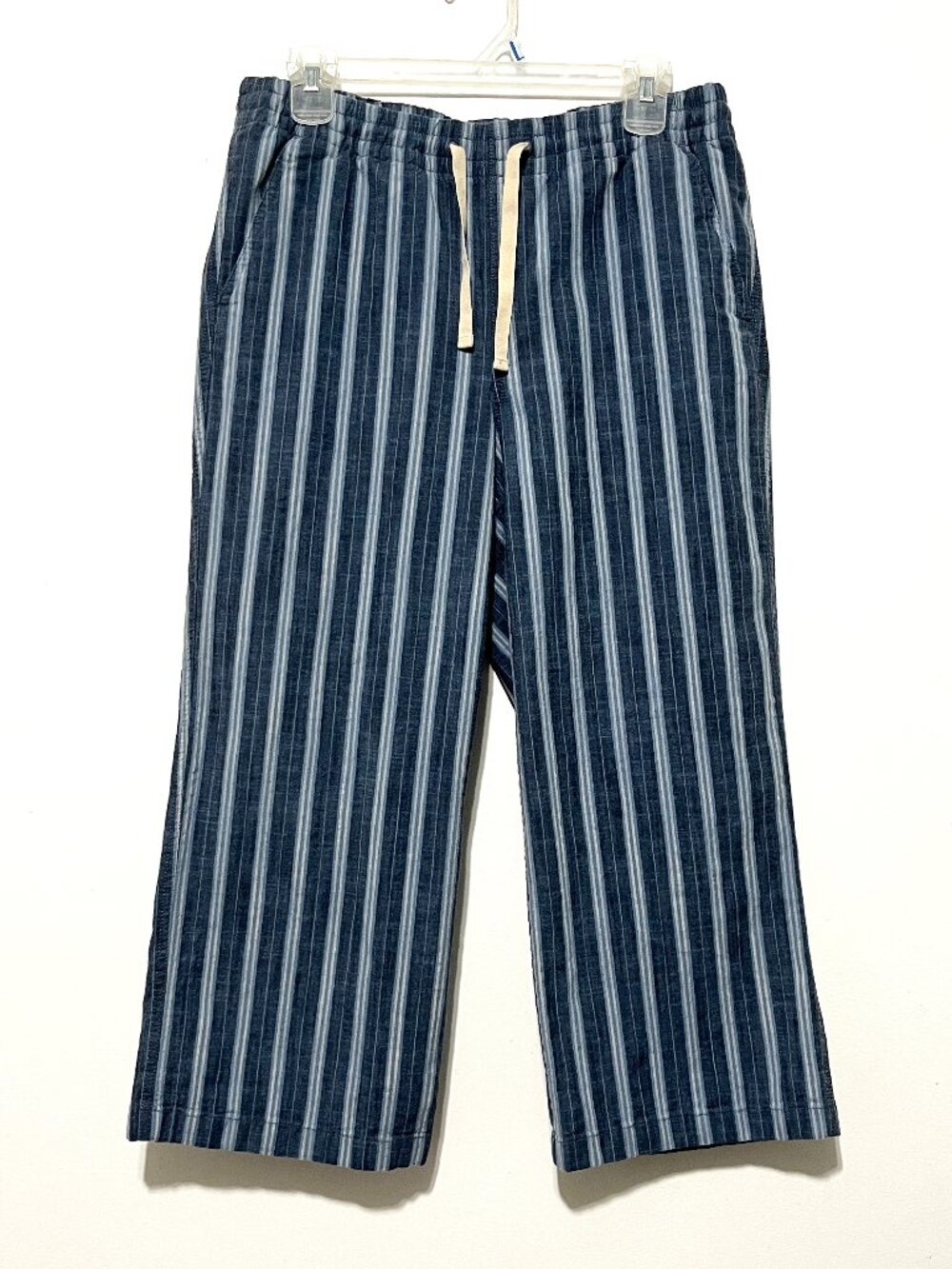 LL Bean Womens Lakewashed Cotton Wide Leg Cropped Pants 10 Blue Stripe Nautical